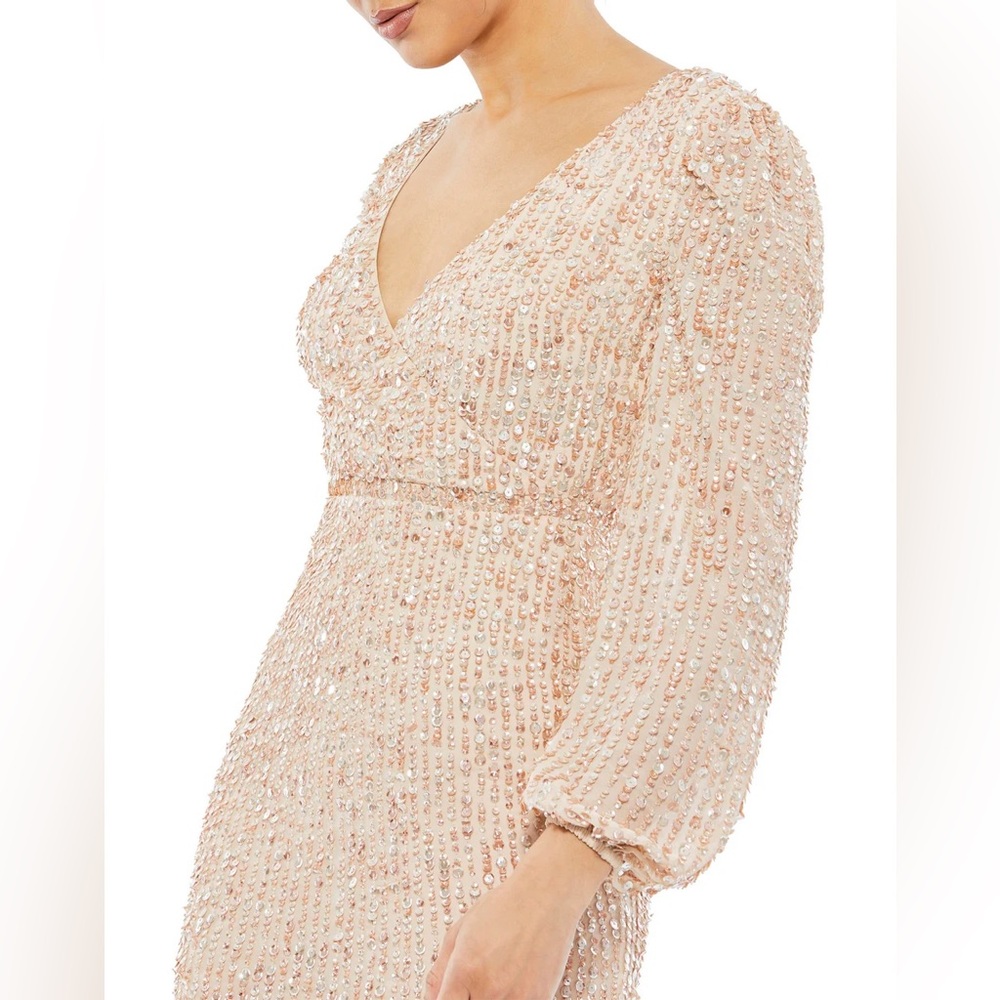 NWT Mac Duggal 10764 Sequin Long Sleeve Cocktail Midi Dress SZ 4 Nude - Picture 2 of 9